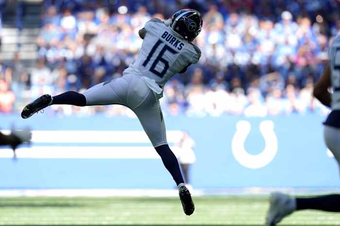 Tennessee Titans wide receiver Treylon Burks (16) leaps for a catch Sunday, Oct. 2, 2022, during a game against the Tennessee Titans at Lucas Oil Stadium in Indianapolis.